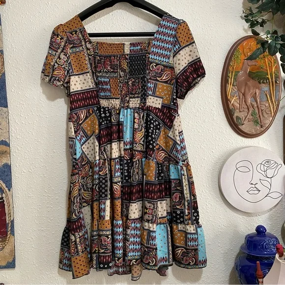 Women’s SHEIN curve breezaya XL Patchwork Print Dress grunge square neck - Picture 3 of 7